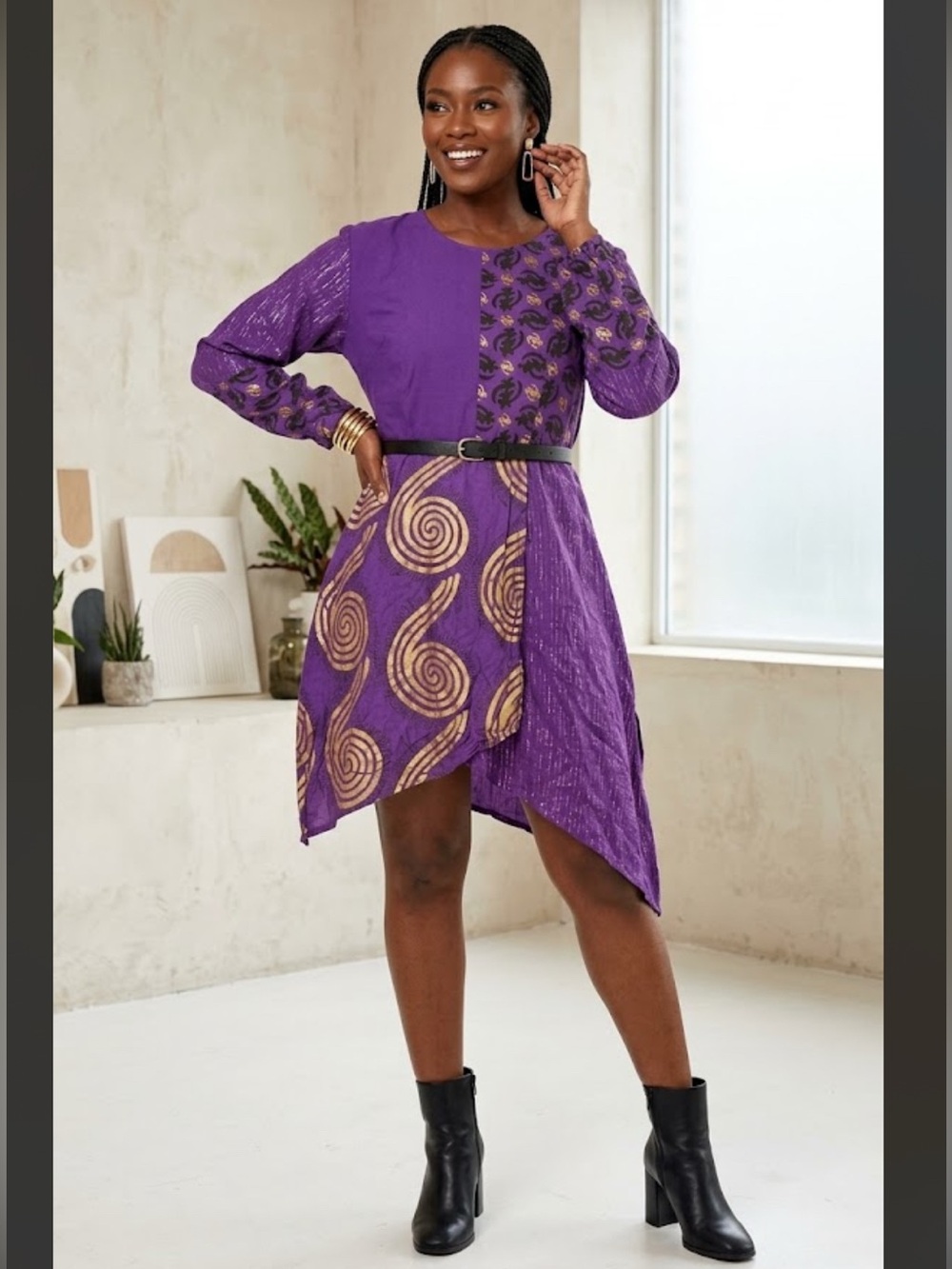 Ashro Purple Gold Metallic Asymmetrical Tunic Top XL Long Sleeve Statement